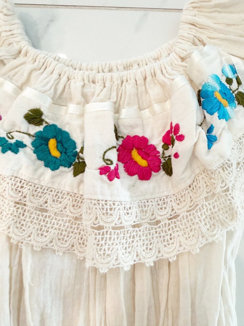 Hispanic Heritage Month Festive Gauze Ivory Embroidered Dress Girls 6 - Picture 3 of 8